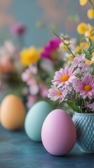 Bright and colorful Easter composition, vibrant bouquet of spring flowers surrounded by decorated eggs on a blurred background. Perfect for seasonal celebrations, holiday themes, and springtime design