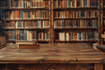 Cozy library interior with wooden table and stacked books
