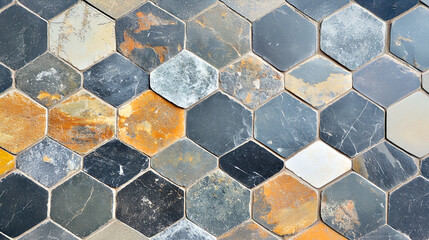 Fototapeta premium Elegant texture of grey and yellow hexagonal tiles with a subtle modern aesthetic
