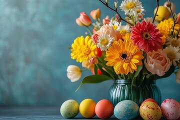 Obraz premium Bright and colorful Easter composition, vibrant bouquet of spring flowers surrounded by decorated eggs on a blurred background. Perfect for seasonal celebrations, holiday themes, and springtime design