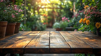 Rustic Wooden Table in Sunny Garden with Blooming Flowers