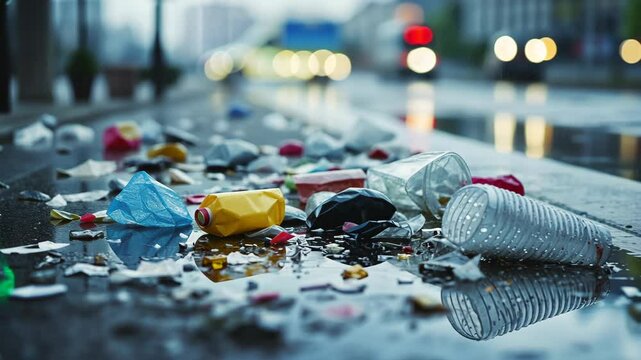 Litter strewn across a wet street during rainy weather in an urban area