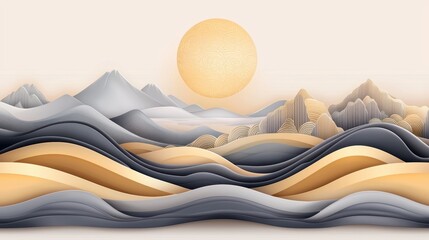 Serene Abstract Landscape with Mountains and Golden Sunlight