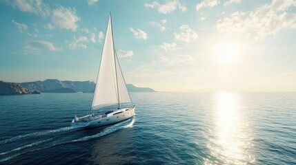 Sailboat on the sea sailing under bright sun and blue sky with mountain backdrop