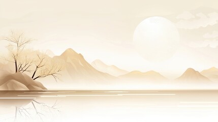 Serene Landscape with Mountains and Calm Water at Sunrise