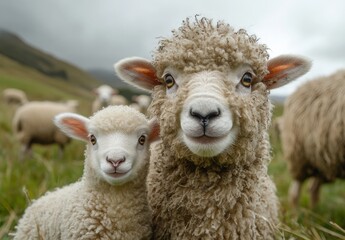 Fototapeta premium Adorable Sheep and Lamb Pair on Green Pasture with Dramatic Clouds, Capturing Nature’s Charm in a Scenic Rural Landscape