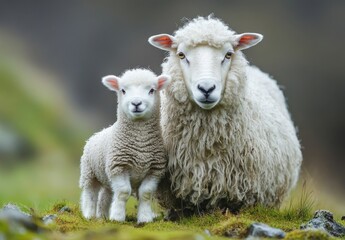 Adorable Sheep and Lamb Pair Posing Together in Lush Green Meadow with Soft Focus Background Displaying Serene Nature Scene and Farm Life Charm