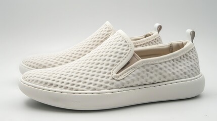 A modern pair of slip-on shoes with a woven upper and a cushioned sole, displayed on white.