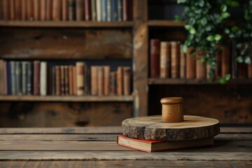 Wooden Stamp on Round Wood Block with Vintage Books in Background