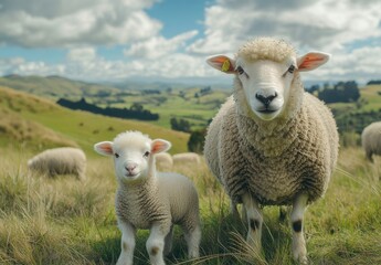Fototapeta premium Adorable Sheep Family in Lush Green Pasture, Mother Sheep with Lamb in Beautiful Landscape Surrounded by Rolling Hills, Blue Sky, and Fluffy Clouds Under Natural Light
