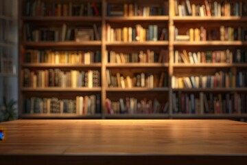 Cozy Reading Space with Wooden Table and Bookshelf Background