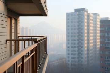 Morning mist over urban cityscape with high rise buildings and balconies