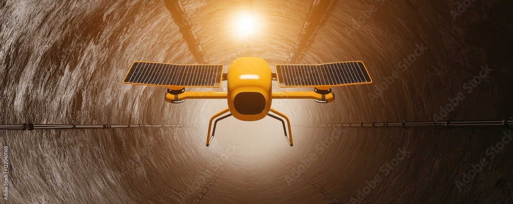 Poster clean energy solar startup concept. a yellow drone flying through a dark tunnel illuminated by a glo