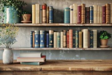 Naklejka premium Cozy Interior with Vintage Books and Aesthetic Floral Arrangement