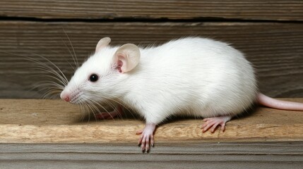 An albino rat perched on a wooden surface, with soft lighting highlighting its pale fur.