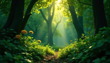 Dense foliage obstructs sunlight filtering through leaves, shadows, overgrowth, thick vegetation