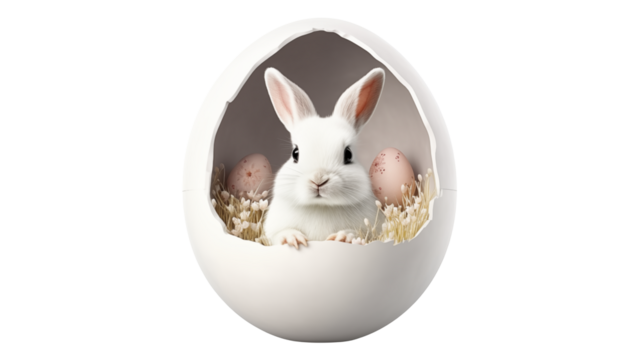 Adorable Easter Bunny in Eggshell Nest with Spring Flowers and Eggs