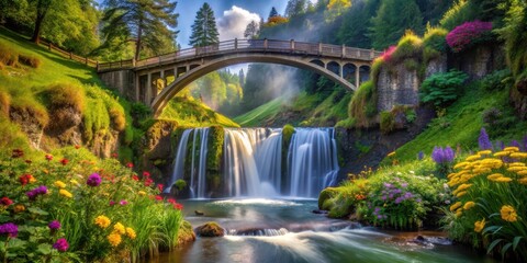 Naklejka premium A majestic bridge spans a serene river, with a powerful waterfall cascading down into the depths below, surrounded by lush greenery and vibrant wildflowers , landscape, serenity