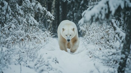 A powerful albino bear walking through the snow-covered forest, with a strong presence.