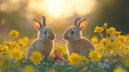 Bunnies facing sunset meadow, carrot, spring