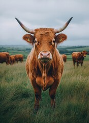 Brown Highland Cattle Standing in Green Pasture with Dramatic Sky Overhead, Showcasing Rural Farm Life and Natural Beauty in the Countryside