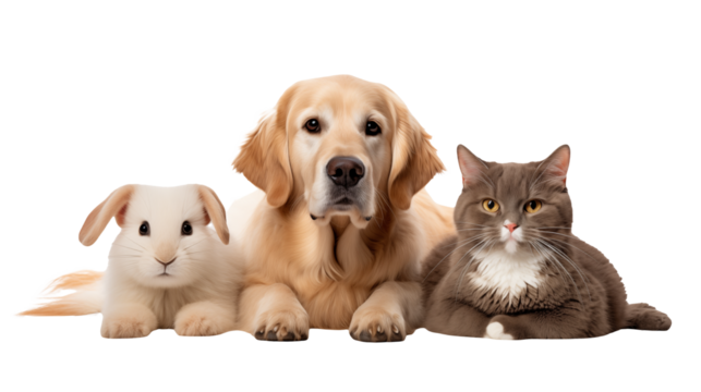 Adorable Golden Retriever Gray Cat and White Rabbit Posing 