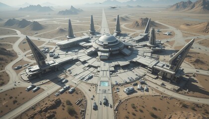 Futuristic desert base with multiple buildings and vehicles under a clear sky and flying planes. Military outpost 