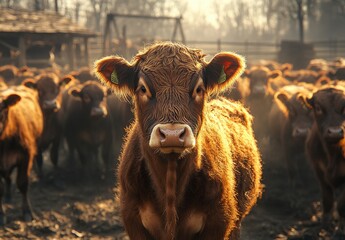 Fototapeta premium Captivating Close-Up of a Brown Cow in a Sunlit Pasture Surrounded by Herd, Showcasing Natural Farm Life and Agriculture in Soft Morning Light