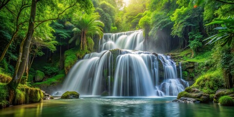 Obraz premium Waterfall cascading gracefully in the midst of a lush forest, foliage, forest, foliage, forest