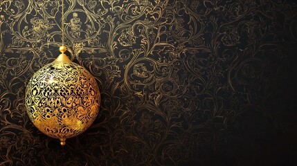 Ornate golden spherical lantern, intricate Arabic calligraphy, delicate filigree patterns, dark ornamental background