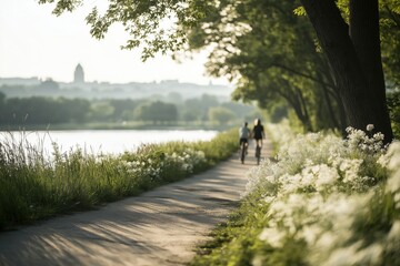 Obraz premium Serene urban landscape with biking trail and lush greenery by riverside