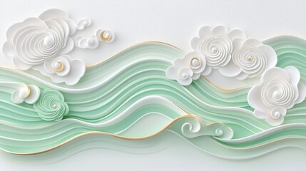Elegant Abstract Waves and Clouds in Soft Mint and White Tones