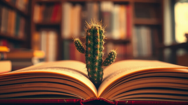 Cactus grow out of a book in library. Creative conceptual wallpaper