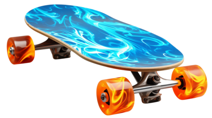 Cool Blue Flame Longboard Skateboard on a transparent background