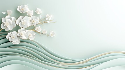 Serene Floral Waves: A Tranquil Abstract Art Composition with White Blossoms
