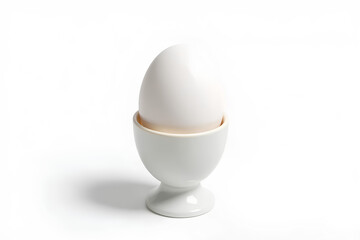 Studio Shot of a Simple White Egg Resting in a Ceramic Egg Cup on a Clean White Background, ideal for food presentations