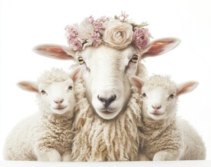 Obraz premium Charming Mother Sheep with Floral Crown Posing with Two Adorable Lambs in a Bright and Softly Lit Environment for Engaging Farm and Animal-Themed Projects