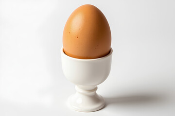 Single brown chicken egg standing upright in white ceramic egg cup on a plain white background, perfect breakfast or cooking ingredient