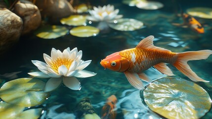 Koi fish swims in serene garden pond with lilies