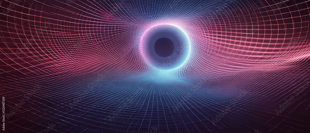 Poster exploring an abstract isometric grid with geometric elements and a central focal point