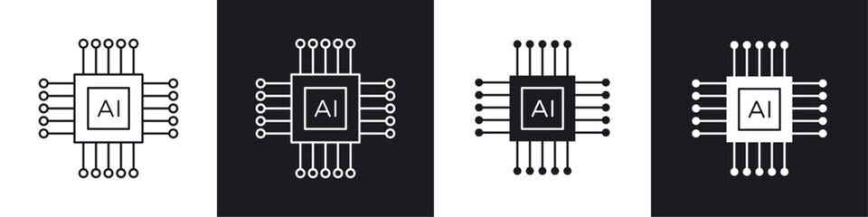 AI chip icons collection in black and white solid and line style