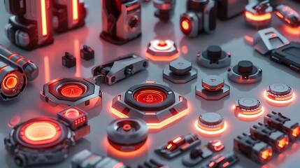 A set of modular accessories with magnetic attachments and glowing features, displayed on white.