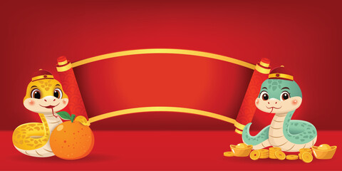 Cute Cartoon Snakes with Ancient Chinese Paper Scroll Illustration