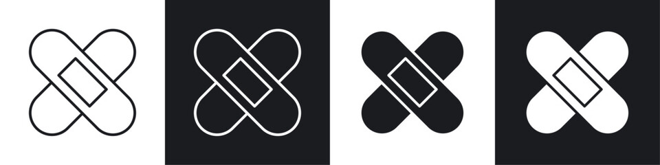 Band aid icons collection in black and white solid and line style