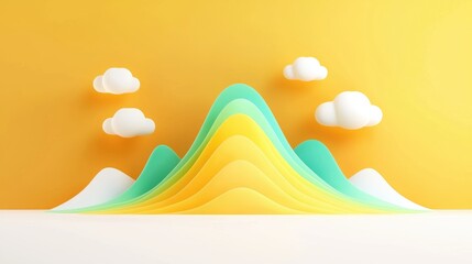 Vibrant Paper Mountains with Soft Clouds Against a Bright Yellow Background