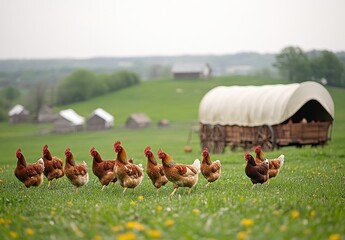 Chickens Roaming Freely in a Green Meadow with Rustic Farmhouses and a Vintage Wagon in the Background on a Peaceful Spring Day
