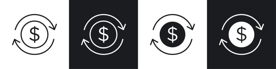 Cash flow icons collection in black and white solid and line style