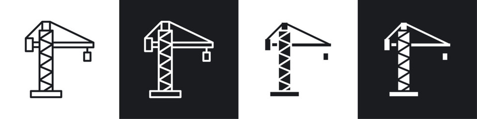 Construction crane icons collection in black and white solid and line style