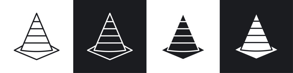 Construction cone icons collection in black and white solid and line style