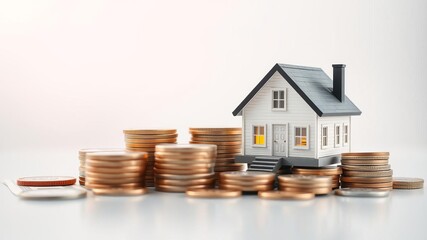 Hyperrealistic photo of small house and coins stacked symbolizing real estate investment, high end magazine quality feel, coins, small house